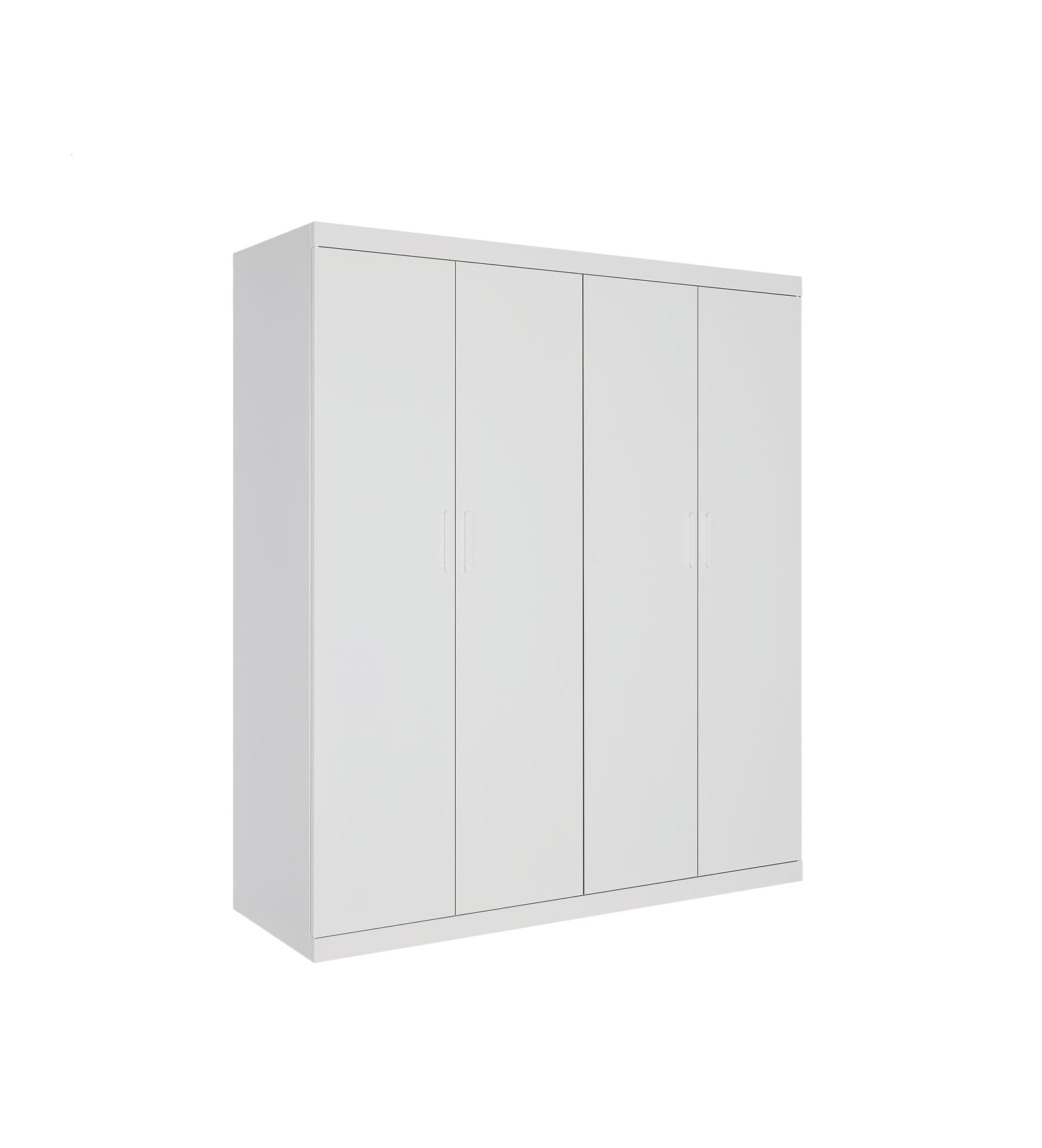 4 Door Wardrobe in White Gloss – Hanging Rail, Shelves & White Handles