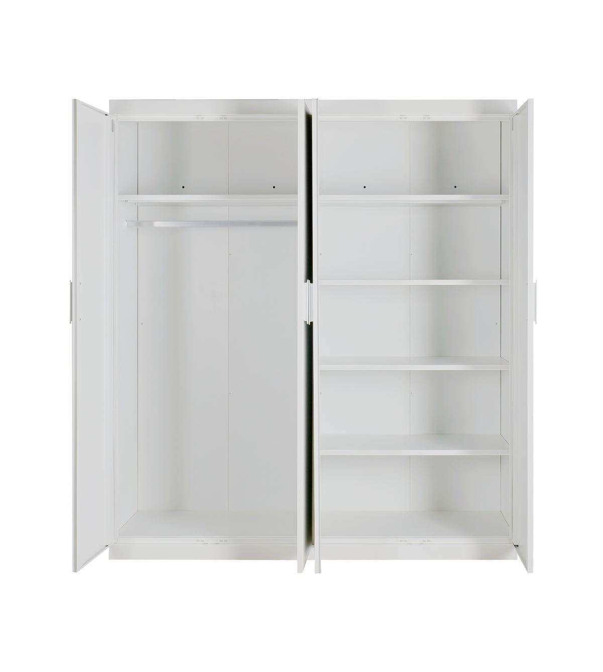 4 Door Wardrobe in White Gloss – Hanging Rail, Shelves & White Handles