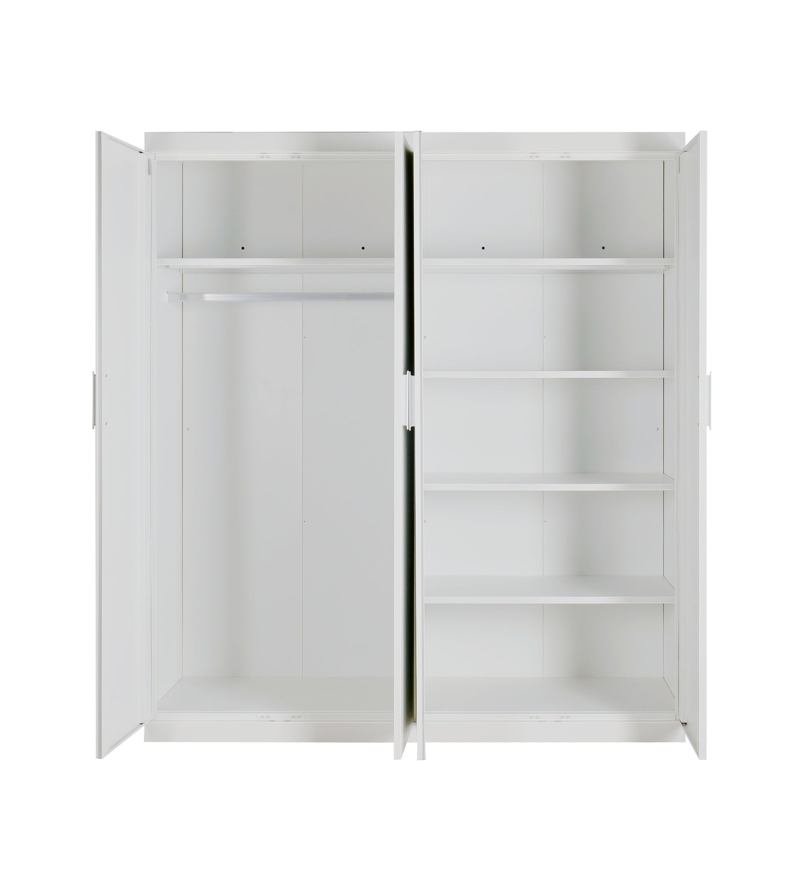 4 Door Wardrobe in White Gloss – Hanging Rail, Shelves & White Handles