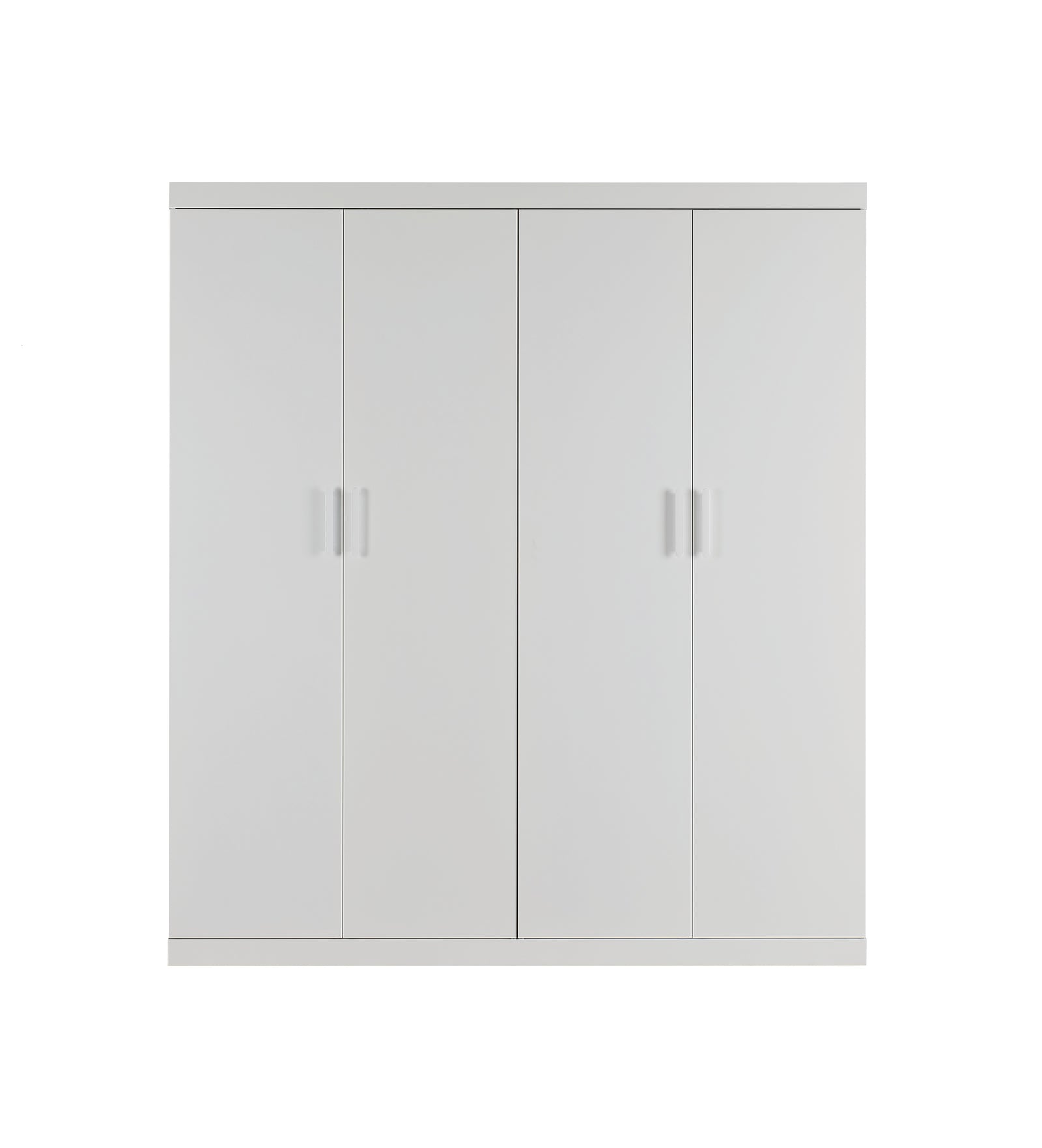 4 Door Wardrobe in White Gloss – Hanging Rail, Shelves & White Handles