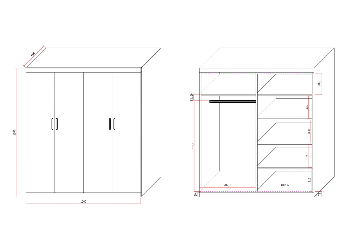 4 Door Wardrobe in White Gloss – Hanging Rail, Shelves & White Handles