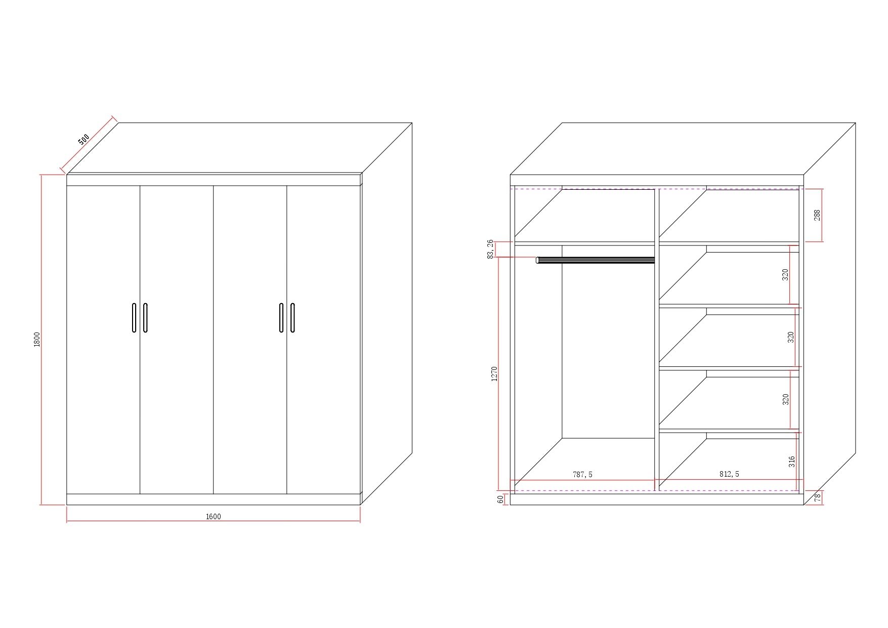 4 Door Wardrobe in White Gloss – Hanging Rail, Shelves & White Handles