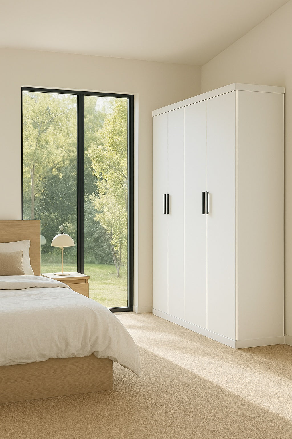 4 Door Wardrobe in White Gloss – Hanging Rail, Shelves & Black Handles