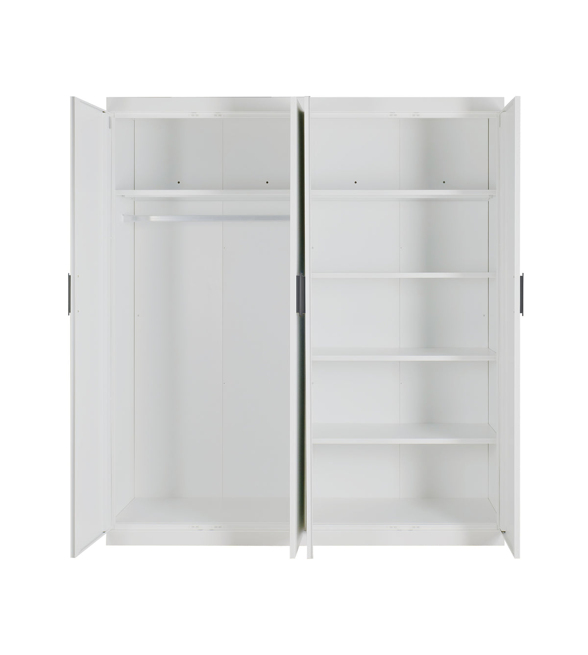 4 Door Wardrobe in White Gloss – Hanging Rail, Shelves & Black Handles