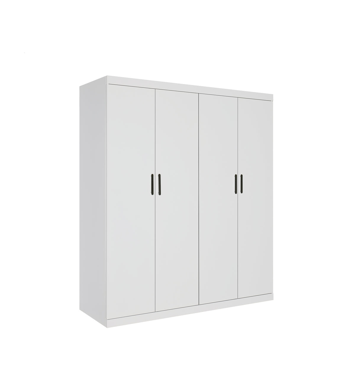 4 Door Wardrobe in White Gloss – Hanging Rail, Shelves & Black Handles