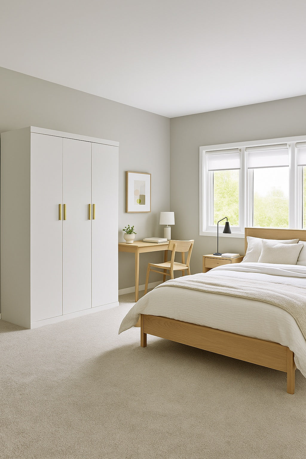 4 Door Wardrobe in White Gloss – Hanging Rail, Shelves & Gold Handles