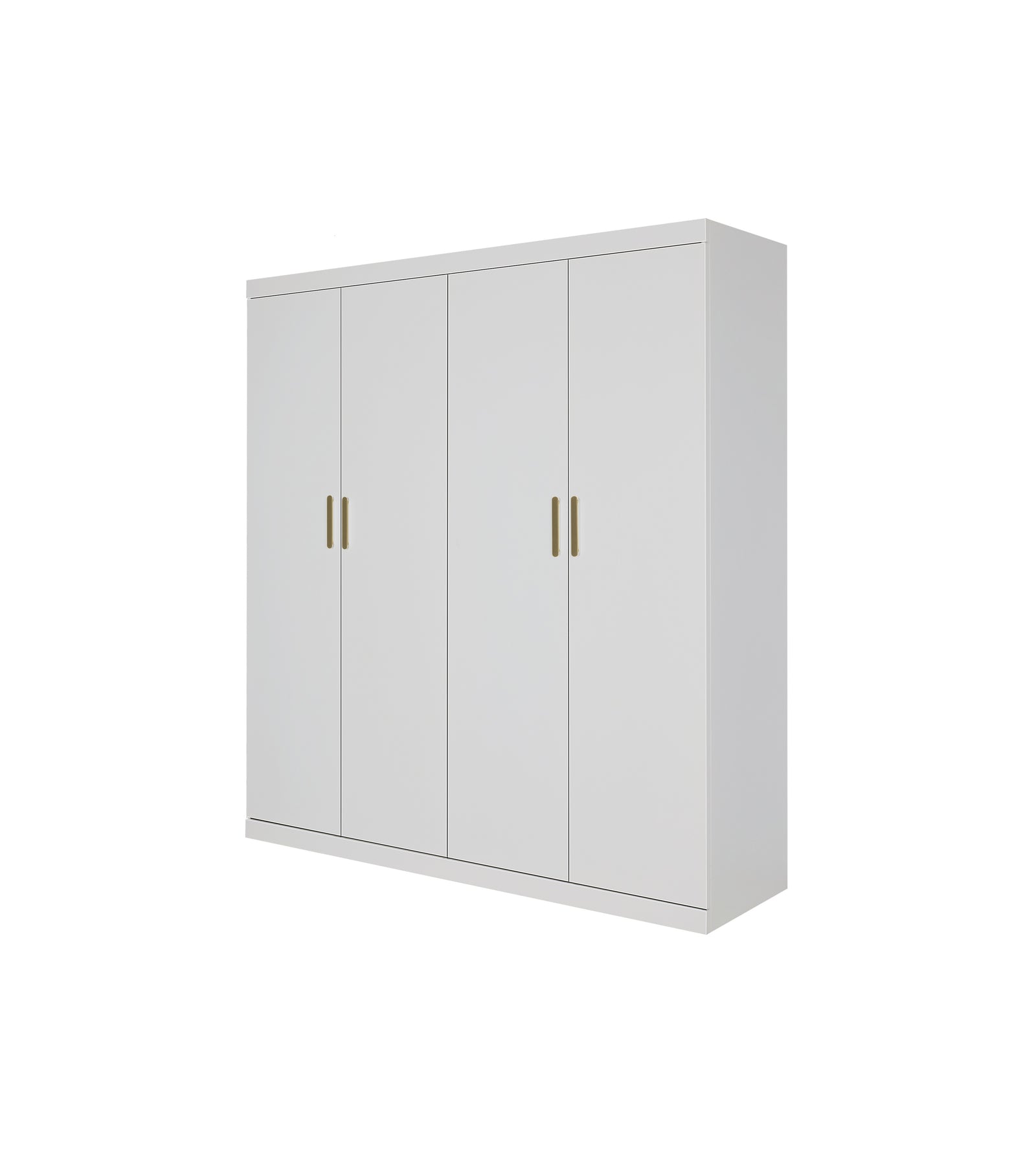 4 Door Wardrobe in White Gloss – Hanging Rail, Shelves & Gold Handles