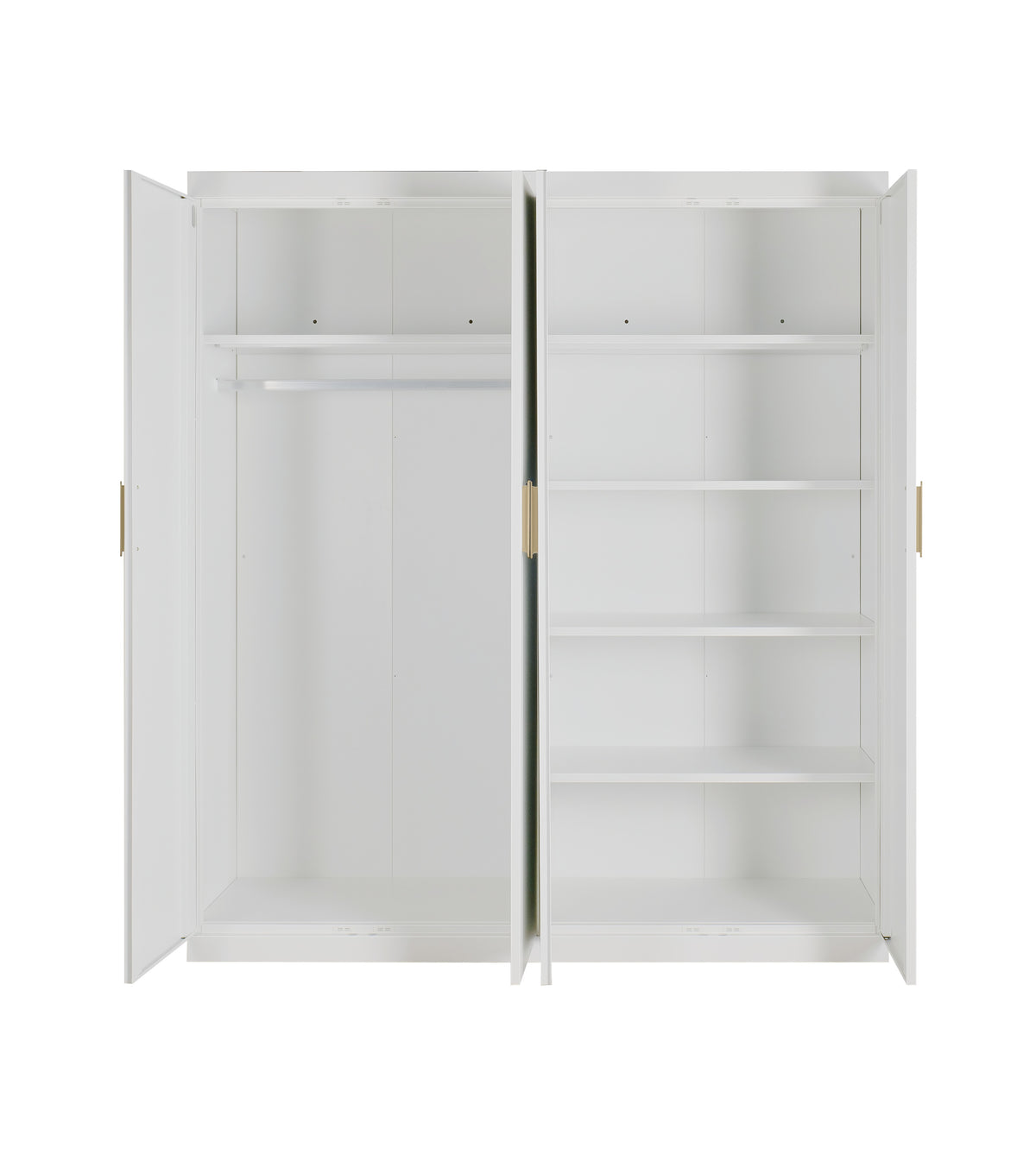 4 Door Wardrobe in White Gloss – Hanging Rail, Shelves & Gold Handles