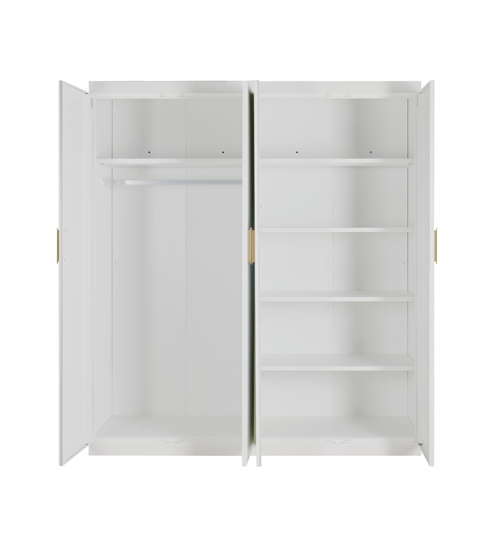 4 Door Wardrobe in White Gloss – Hanging Rail, Shelves & Gold Handles