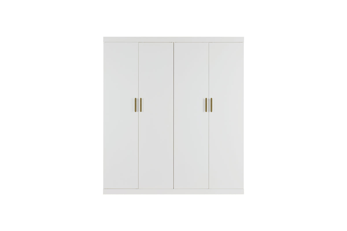 4 Door Wardrobe in White Gloss – Hanging Rail, Shelves & Gold Handles