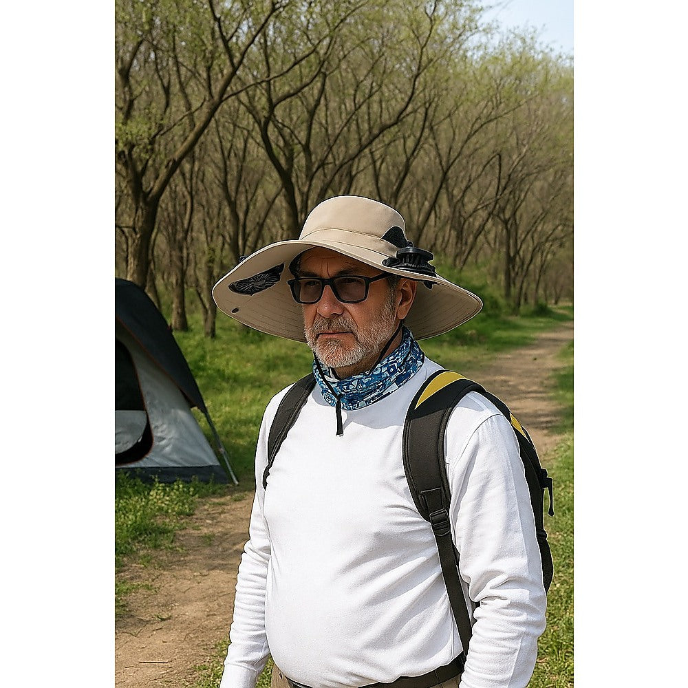 Solar & USB Powered Cooling Hat with Dual Fan – Khaki Outdoor Sun Hat