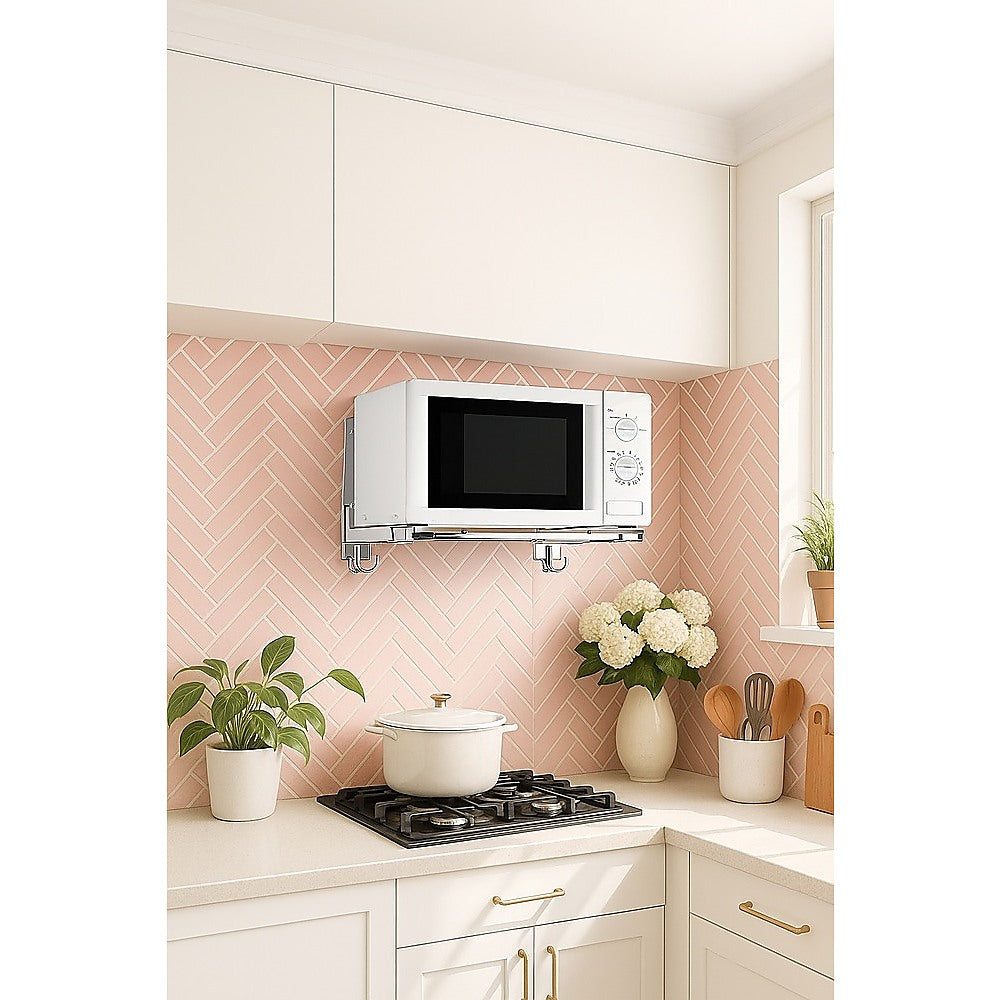 Stainless Steel Microwave Oven Wall Mount Bracket – Adjustable Shelf with Removable Hooks