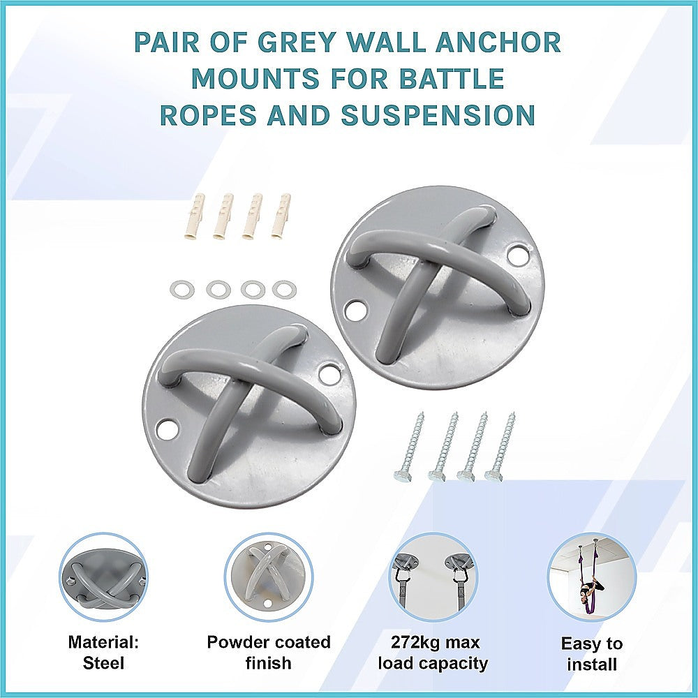 Pair of Grey Wall Anchor Mounts for Battle Ropes and Suspension