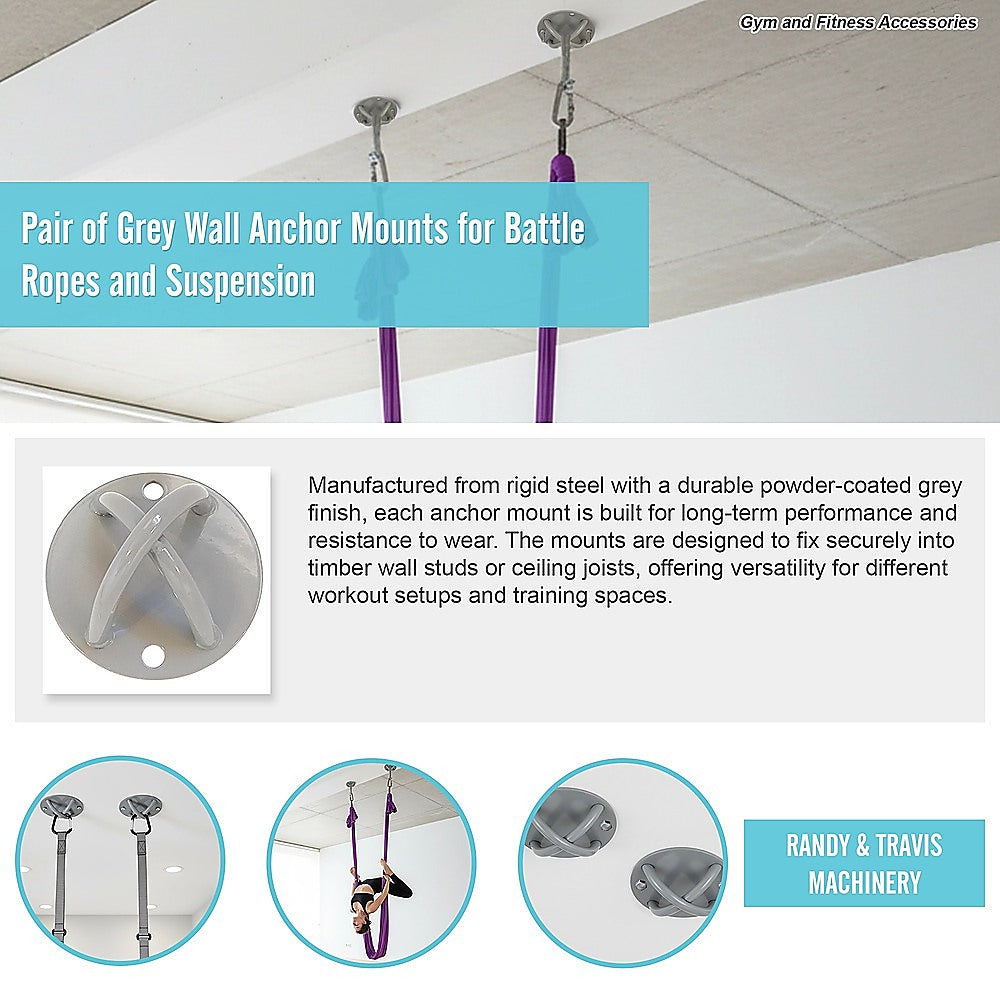 Pair of Grey Wall Anchor Mounts for Battle Ropes and Suspension