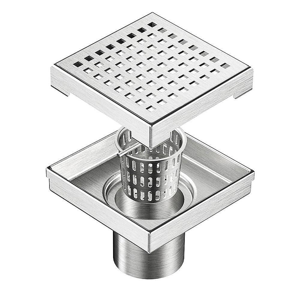 10x10cm Square Shower Drain with Grid Pattern Grate – Chrome 304 Stainless Steel, CUPC Certified with Hair Strainer
