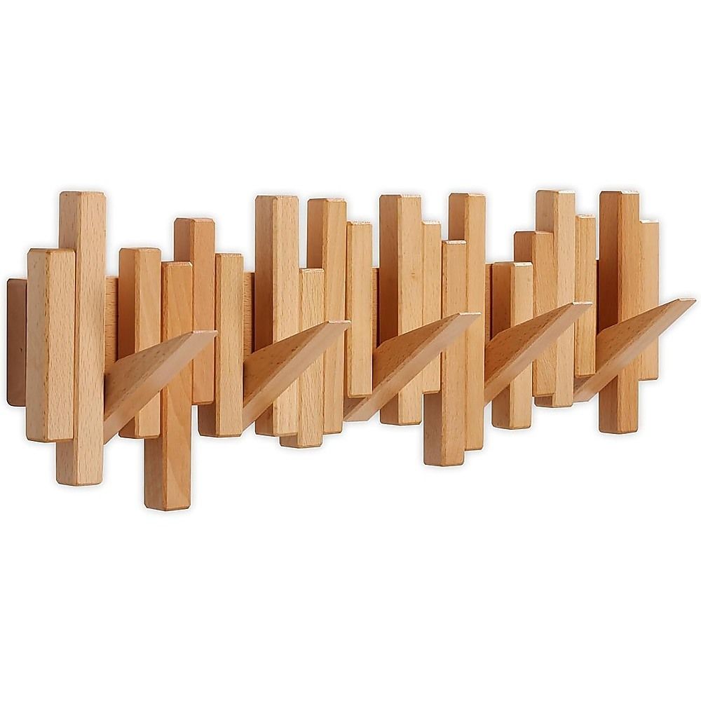 Wood Wall Mounted Coat Rack with 6 Flip Down Hooks 40cm Foldable Wall Hook Rack for Entryway, Bathroom &amp; Home Office Storage