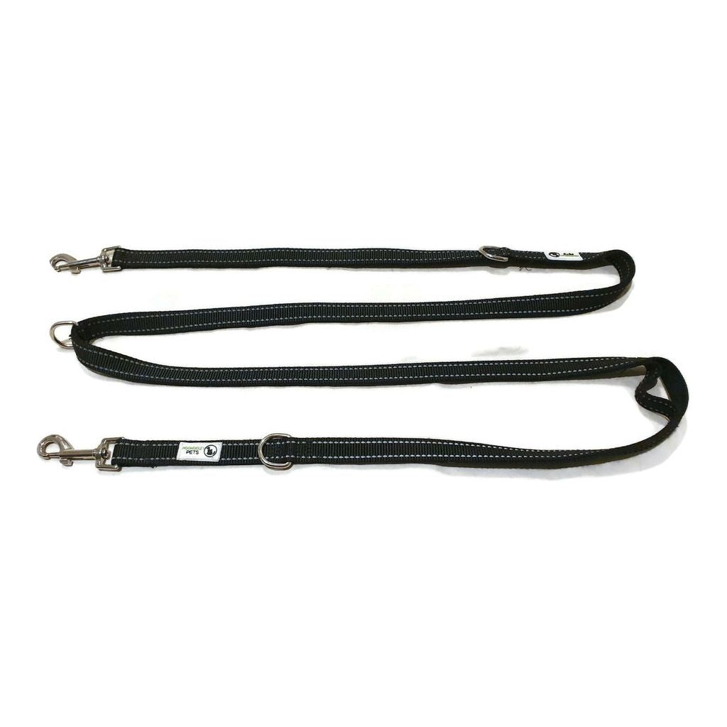 Multi Dog Lead - Nylon w/Reflective Stitching - Double Clip ,Coupler, Waist Belt, Short/Long, Quicktie 20mm Black