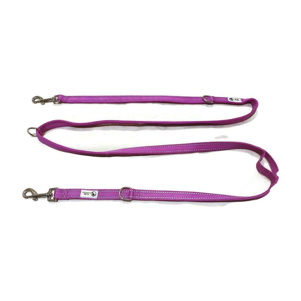 Multi Dog Lead - Nylon w/Reflective Stitching - Double Clip ,Coupler, Waist Belt, Short/Long, Quicktie 20mm Purple