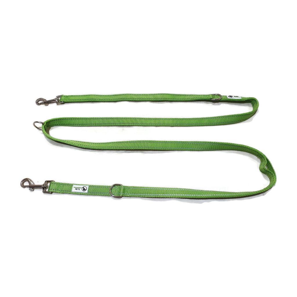 Multi Dog Lead - Nylon w/Reflective Stitching - Double Clip ,Coupler, Waist Belt, Short/Long, Quicktie 25mm Green