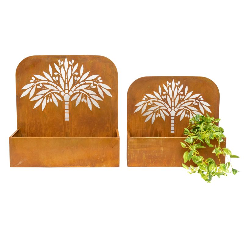 Set 2 Nested Rust &#39;Tree&#39; Wall/Floor Planters 50cm, 45cm