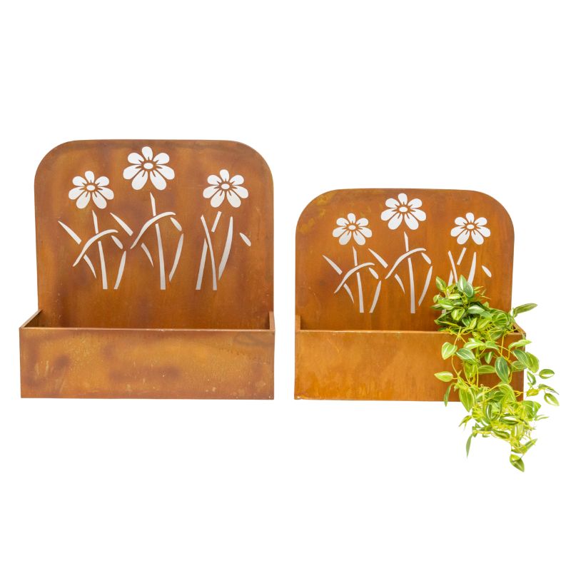 Set 2 Nested Rust &#39;Flowers&#39; Wall / Floor Planters 50cm, 45cm