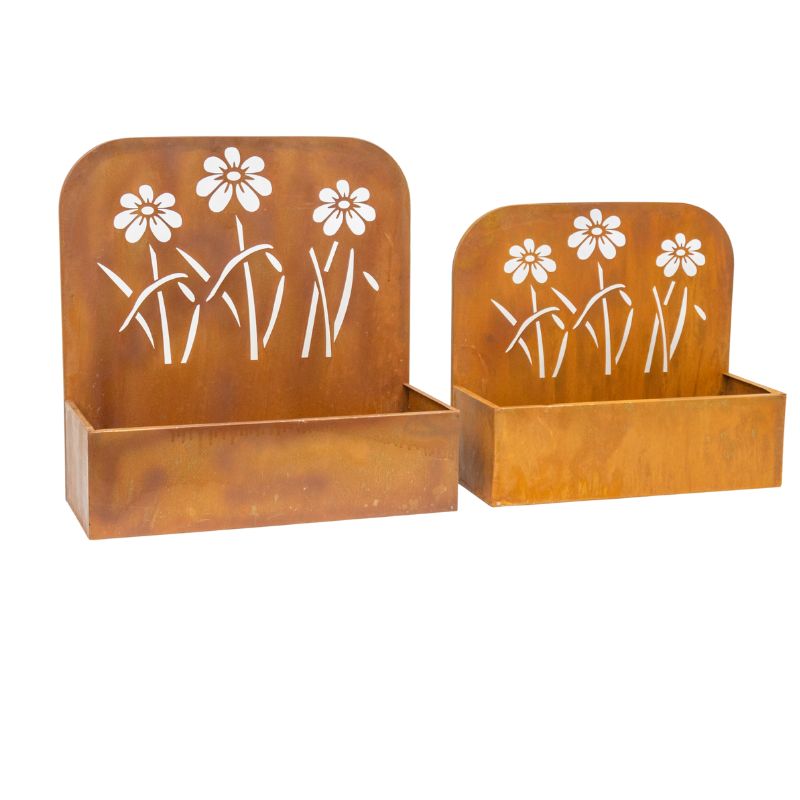 Set 2 Nested Rust 'Flowers' Wall / Floor Planters 50cm, 45cm