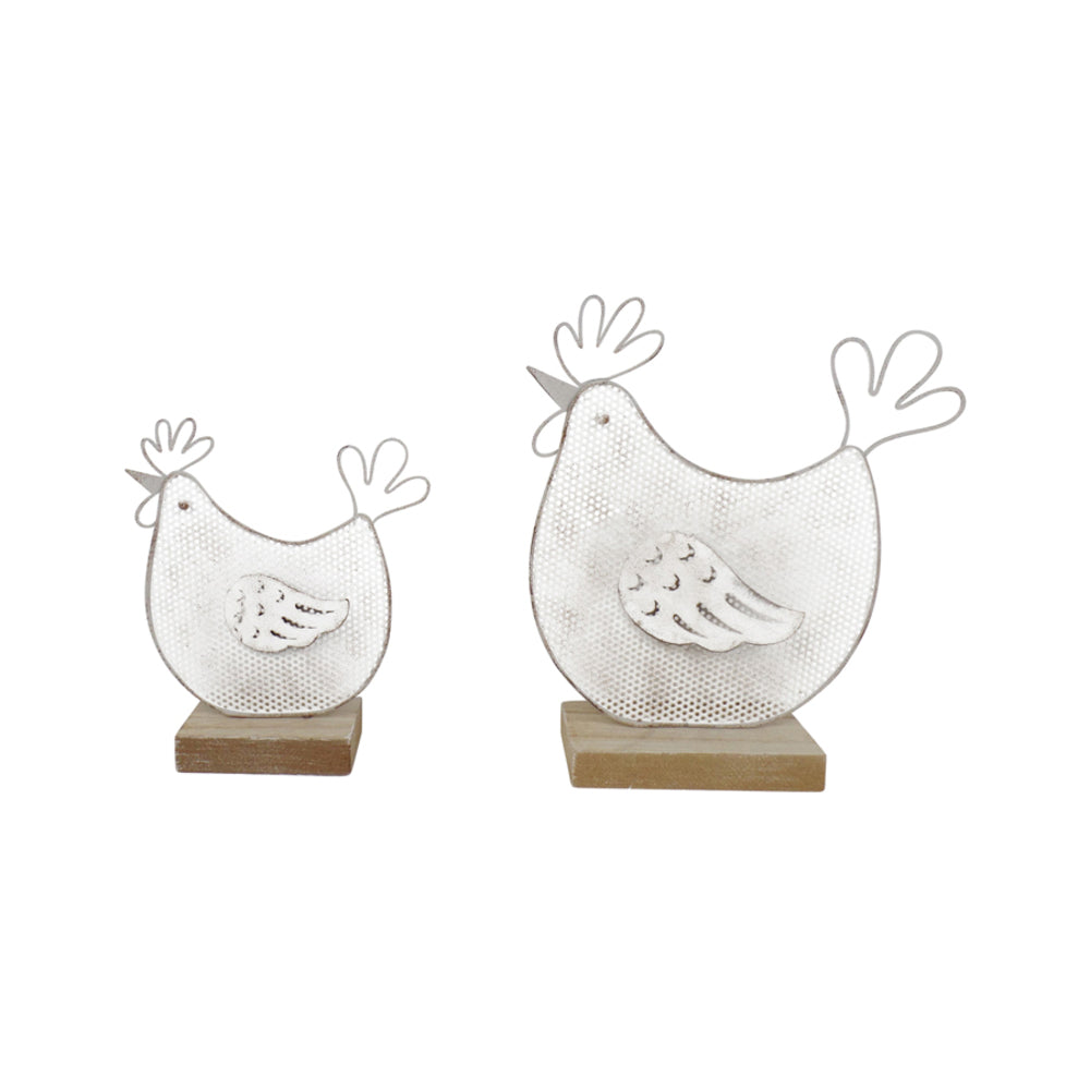 Set 2 Mum &amp; Child Wire Chooks on Wood Base Ornament 19cm