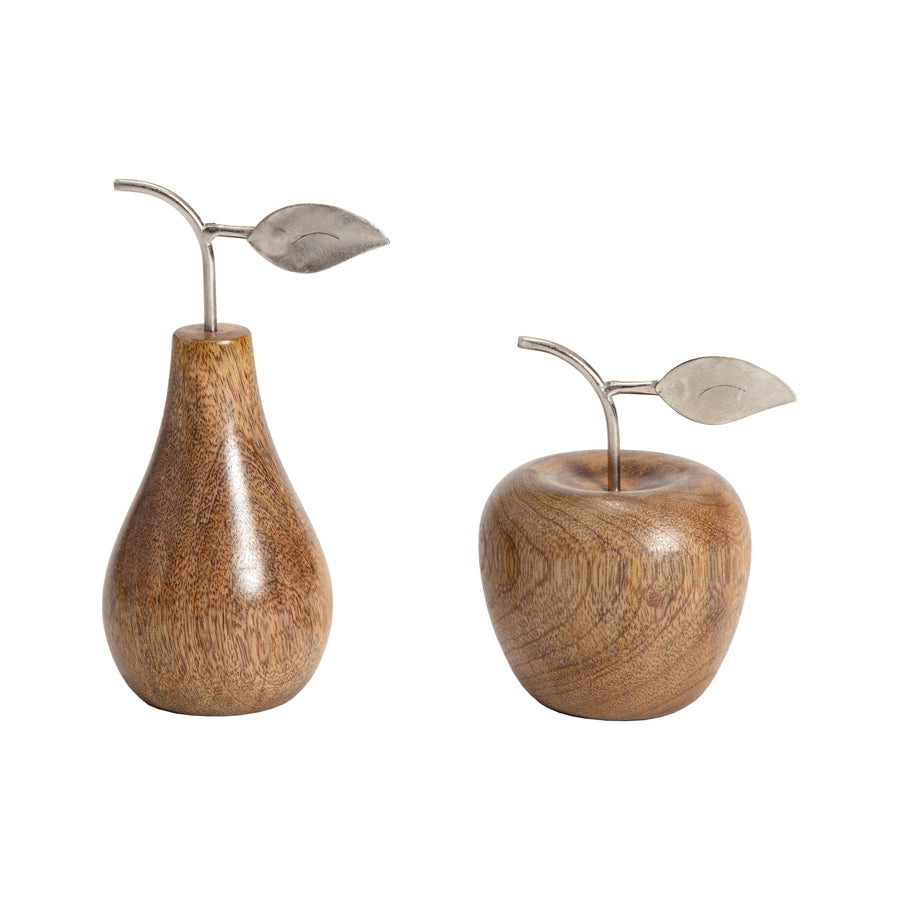 Set 2 Asst Handcrafted Apple &amp; Pear W Antique Silver Leaf 17cm