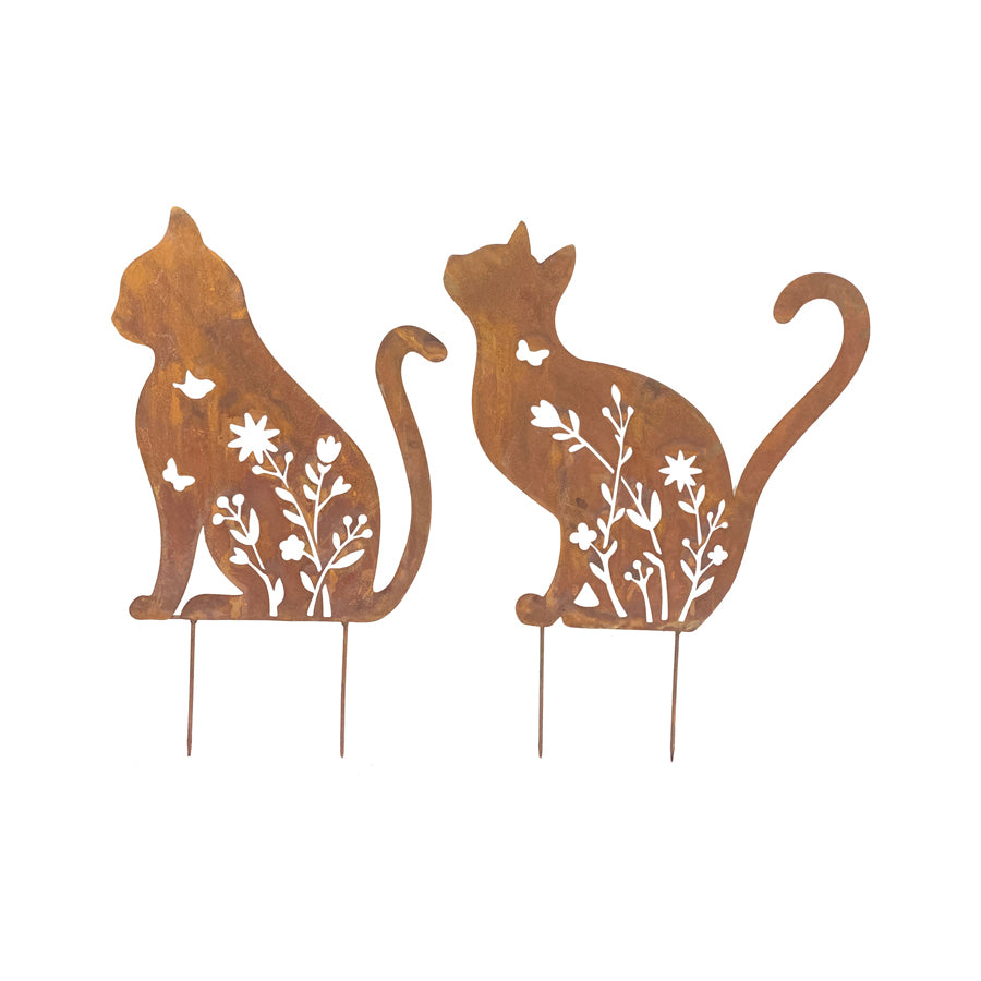 Set 2 Rust Sitting Cat Garden Stakes 37x46cm