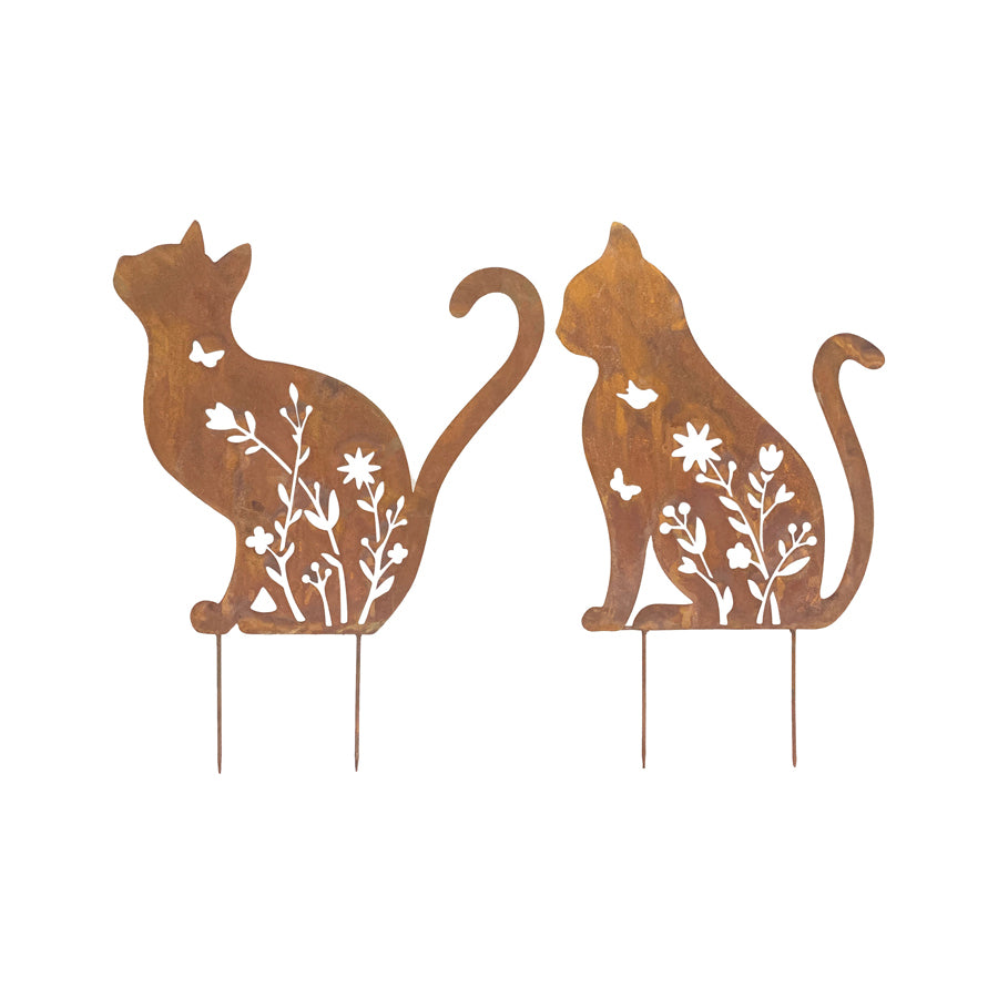 Set 2 Rust Sitting Cat Garden Stakes 37x46cm