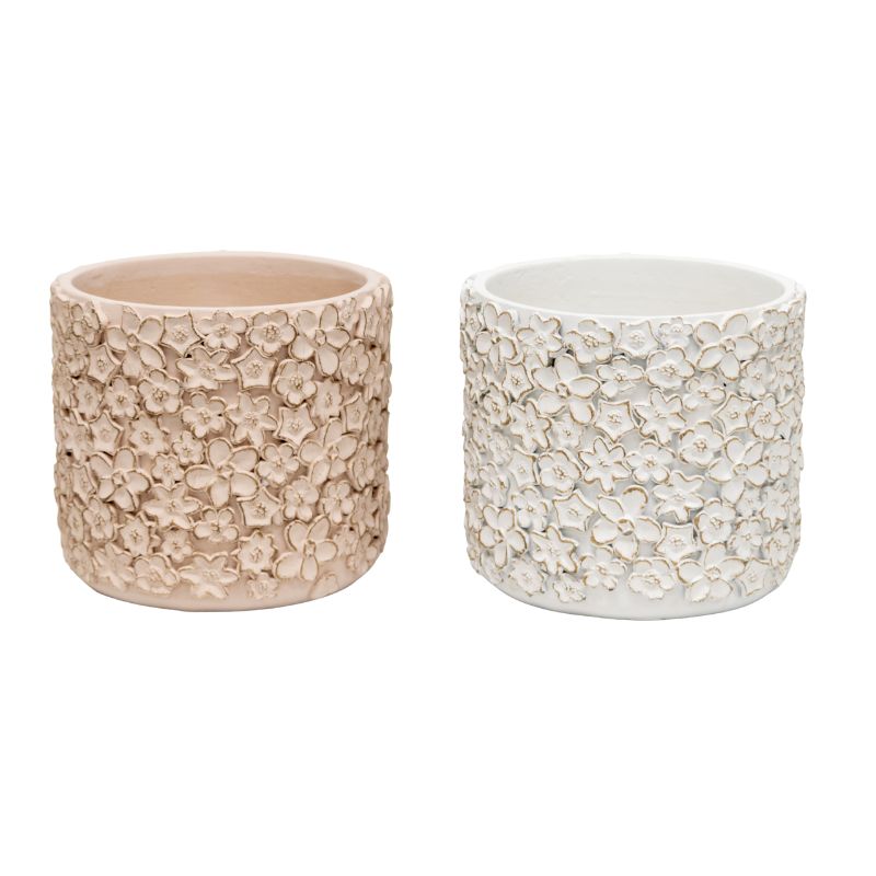 Set 2 Asst Flower Embossed Planters w Hole + Plug 18cm