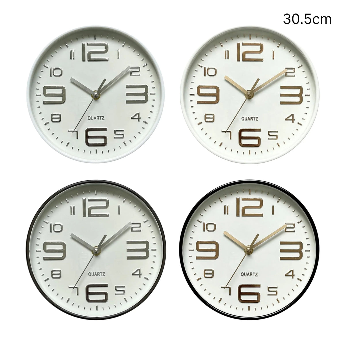 Bulk 12 Plastic Round Wall Clock 30.5cm 4 Asst