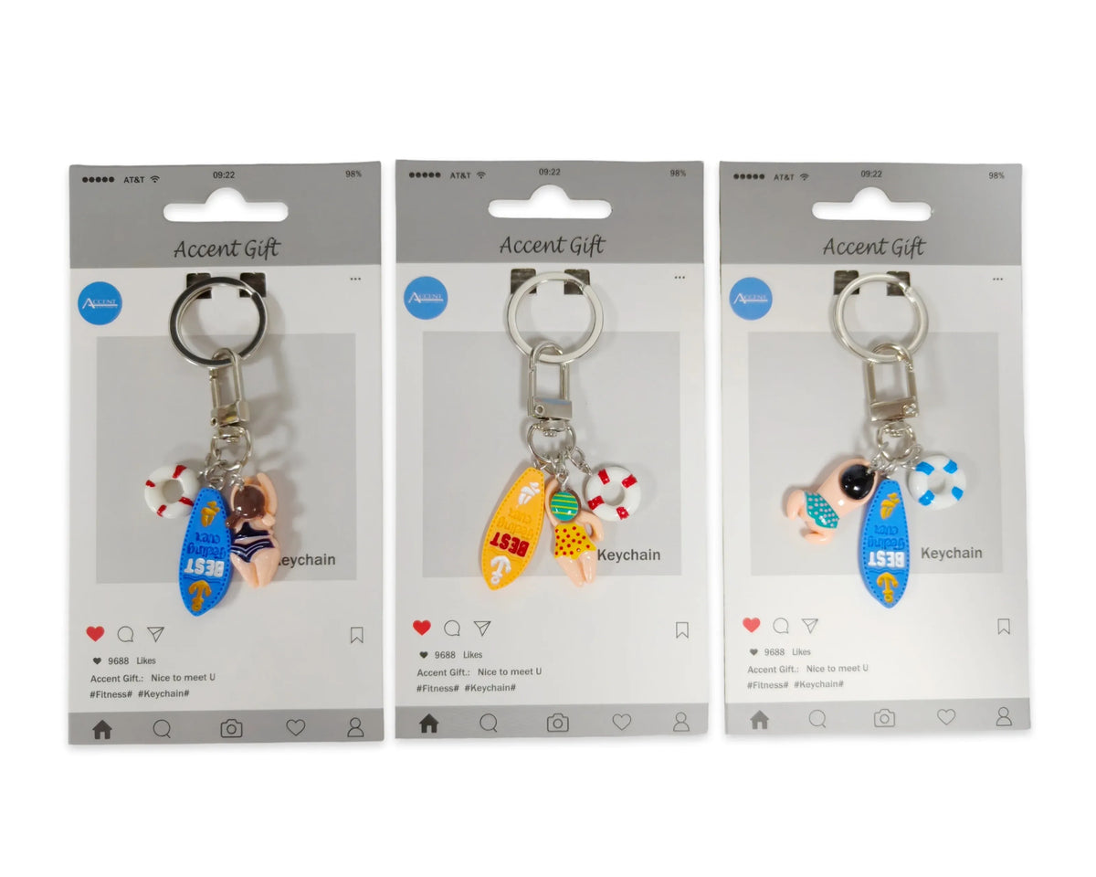 Bulk 24 Set 3 Polyresin Swim &amp; Surf Keychain 3 Asst