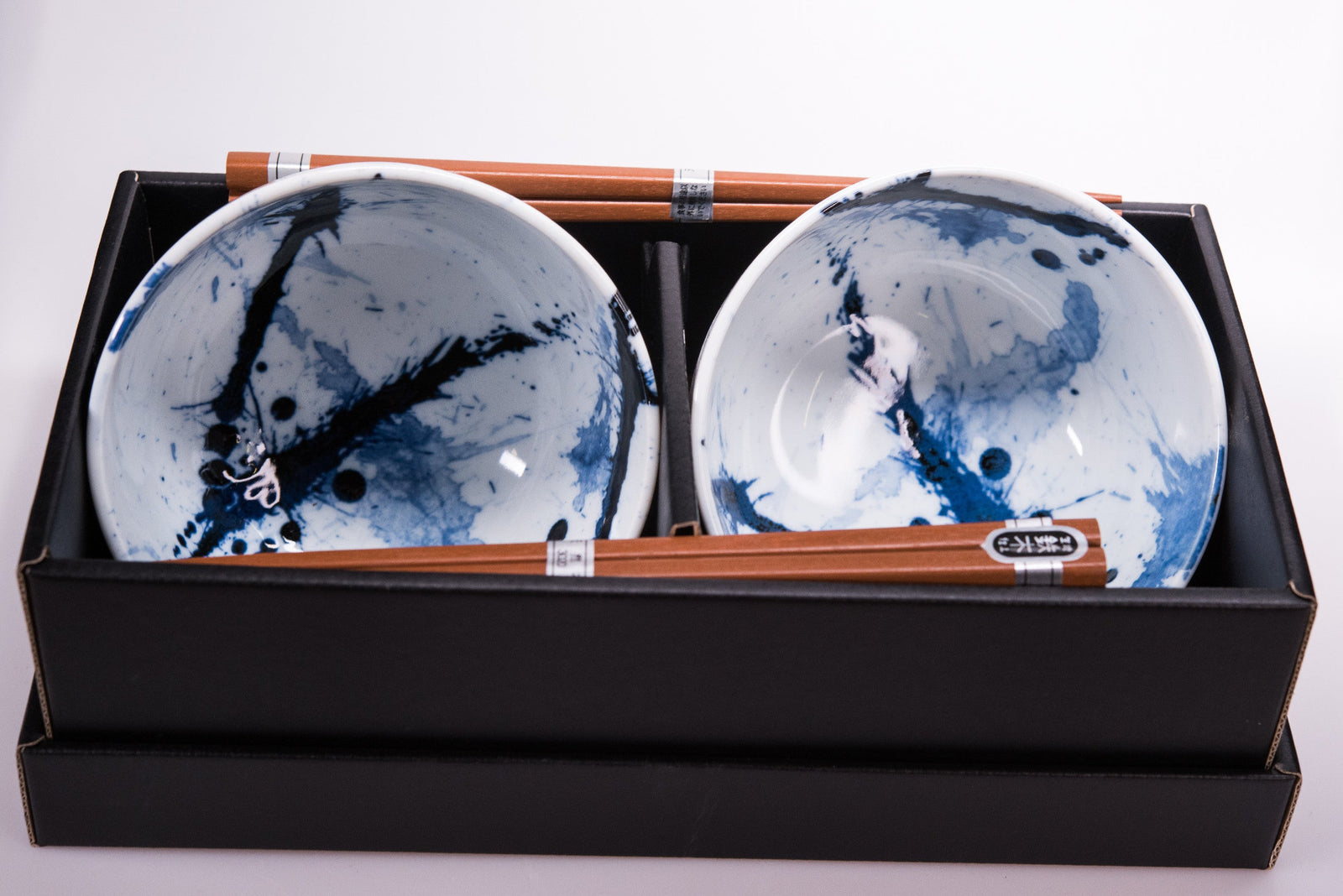 Bowl Set 2pcs with Chopsticks Blue White Splash Design