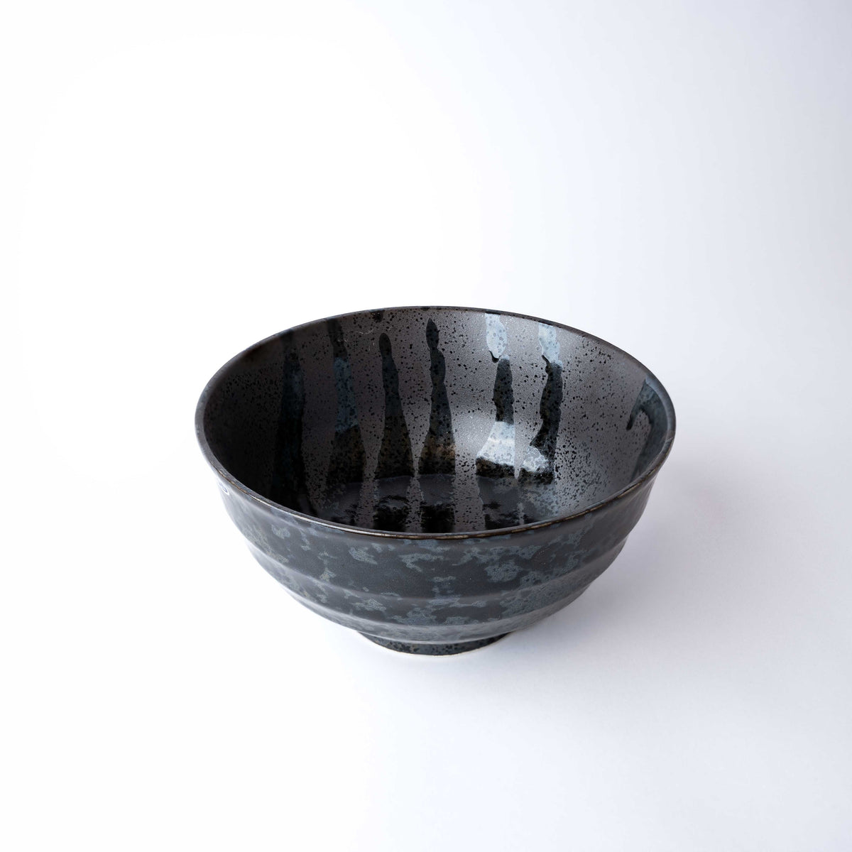 Udon Bowl Fluted 17cm Gloss Black Stripes On Gunmetal Glaze