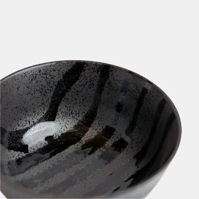 Udon Bowl Fluted 17cm Gloss Black Stripes On Gunmetal Glaze