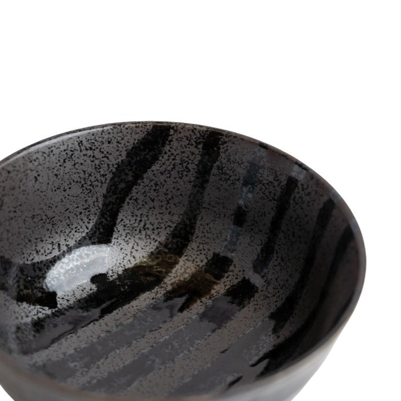 Udon Bowl Fluted 17cm Gloss Black Stripes On Gunmetal Glaze