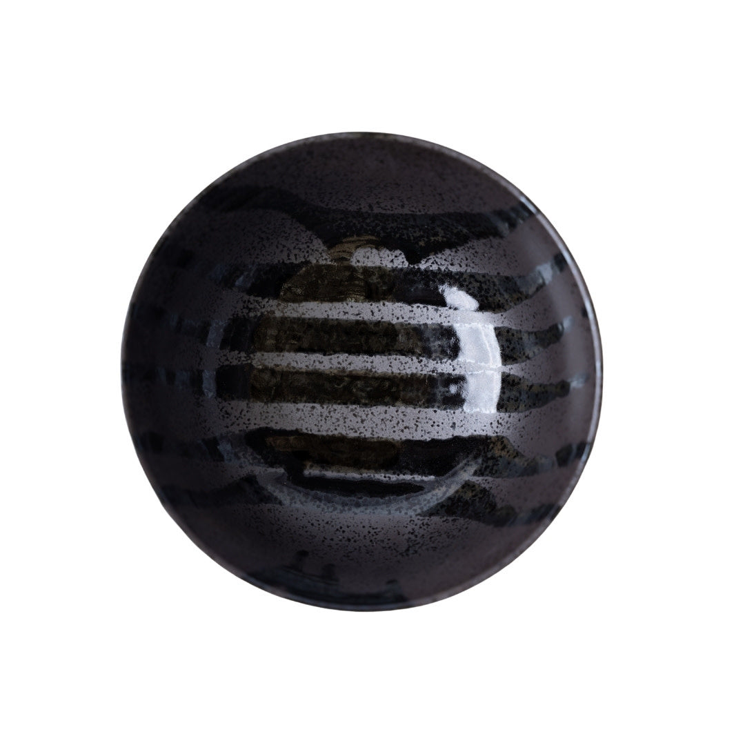Udon Bowl Fluted 17cm Gloss Black Stripes On Gunmetal Glaze