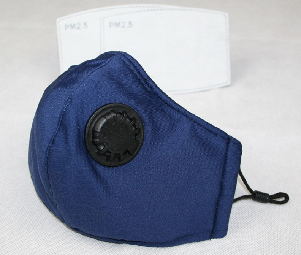 Reusable Cotton Cloth Face Mask w 2 PM2.5 Filters Adjustable w Breathing Valve 3Ply Blue