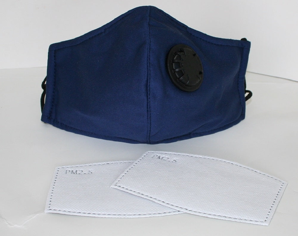Reusable Cotton Cloth Face Mask w 2 PM2.5 Filters Adjustable w Breathing Valve 3Ply Blue