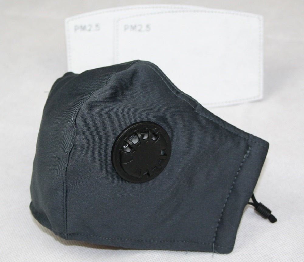 Reusable Cotton Cloth Face Mask w 2 PM2.5 Filters Adjustable w Breathing Valve 3Ply Slate Grey