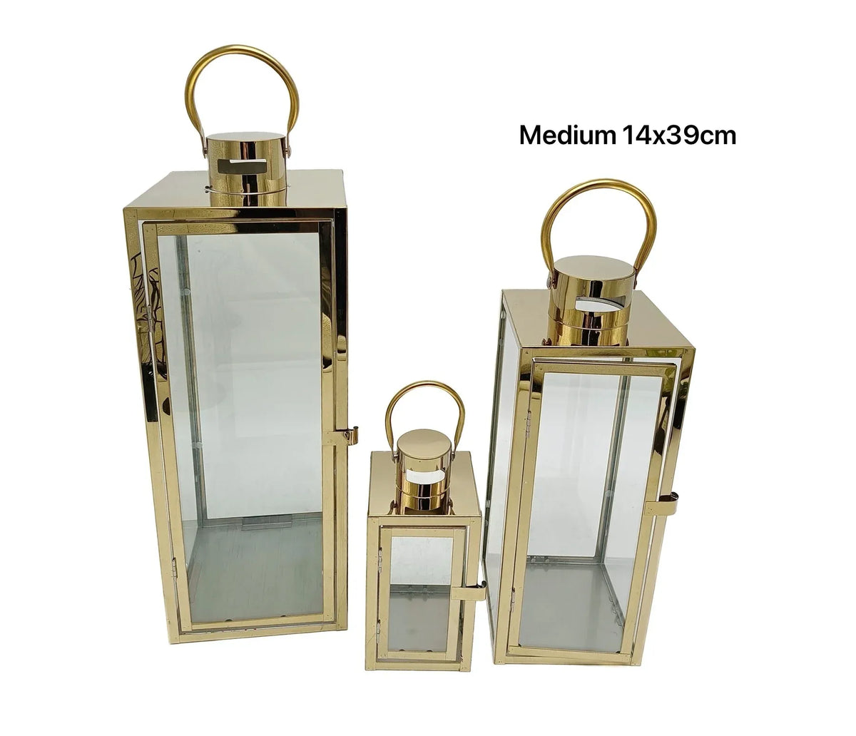 Bulk 6 Medium Polish Gold Metal &amp; Glass Lantern 14x39cmh