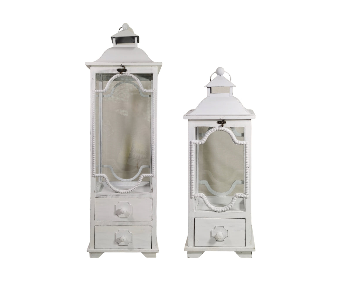 Set 2 Tall White Wooden Lantern w Drawers 104cm