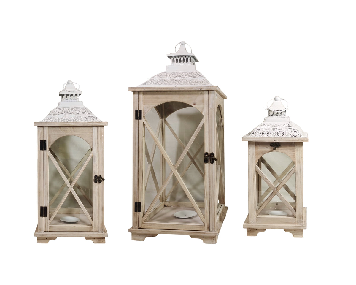 Set 3 Natural Wooden Lantern w White Metal Top 75cm