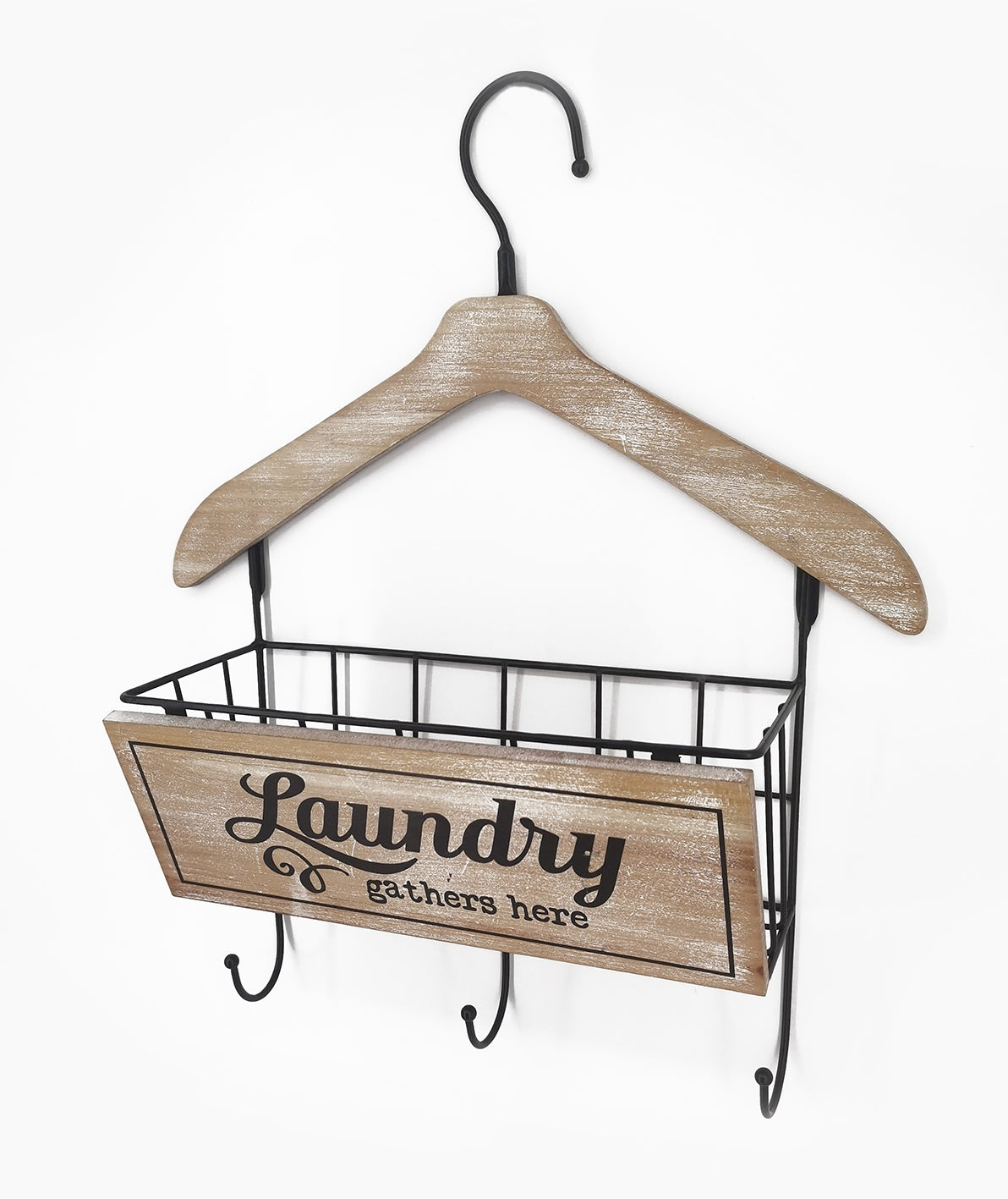 Wooden Laundry Hanger W Basket &amp; 3 Hooks 40x48cm