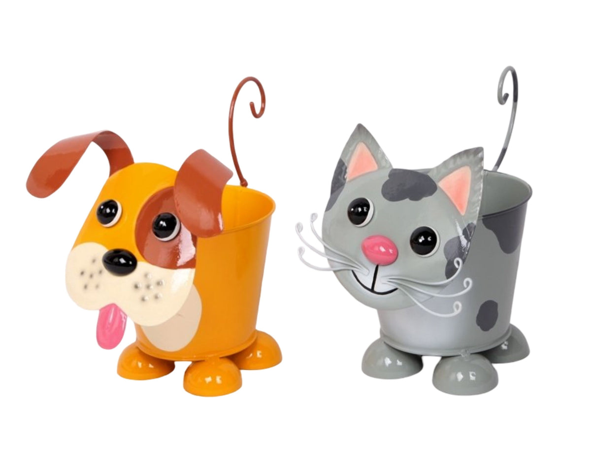 Set 2 Metal Dog &amp; Cat Flower Pot 19cm