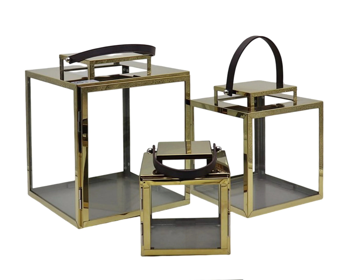 Bulk 2 Polish Gold Metal &amp; Glass Lantern Med 21x26cmh