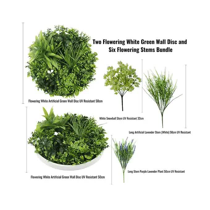 Two Flowering White Green Wall 50cm Discs and Six Flowering Stems Bundle