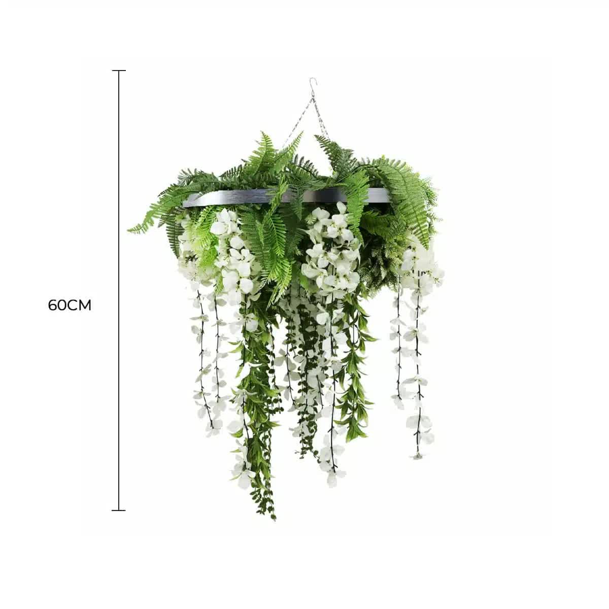 Silver Framed Roof Hanging Disc With Draping Life-Like Wisteria Flowers UV Resistant 60cm