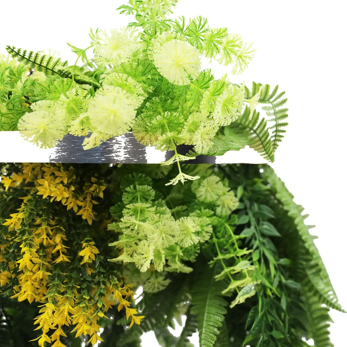 Silver Framed Roof Hanging Disc With Bright Tropical Foliage Mix and Draping Ferns 40cm UV Resistant